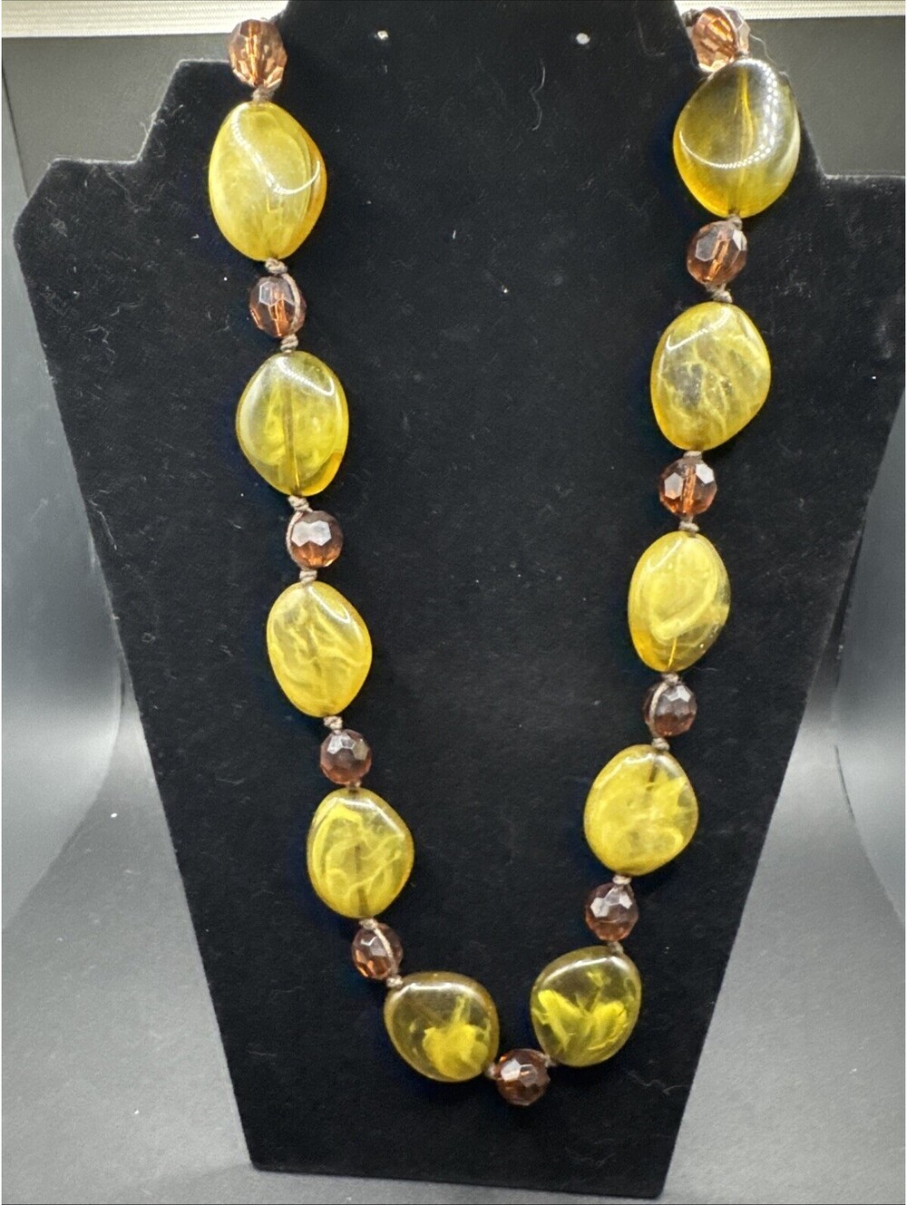 Chunky Yellow Marbled Resin & Amber Glass Beaded Statement Necklace 24 Inch